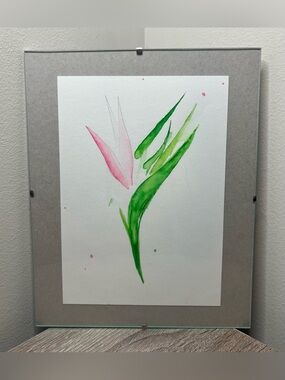 Original Watercolor Painting – Hand Painted Flower in Green and Pink, Frame 10x8